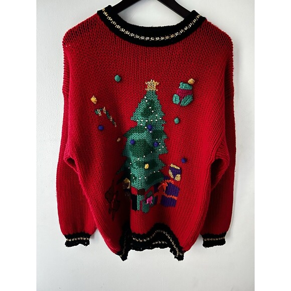 Womens 18W Red Acrylic Hand Knit Christmas Tree Teddy Bear Gift Ugly Sweater - Picture 2 of 5